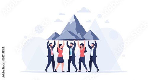 Teamwork carrying a mountain, symbolizing success, challenges, and collaboration