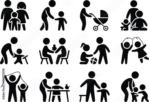 Family Life Icons Showing Parents And Children In Various Activities baby stroller