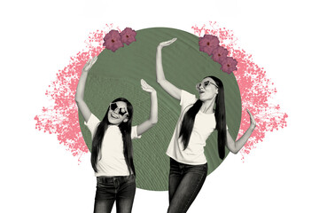 Composite trendy magazine vertical photo collage of two happy sisters dance together mother day celebration party wildflower spring