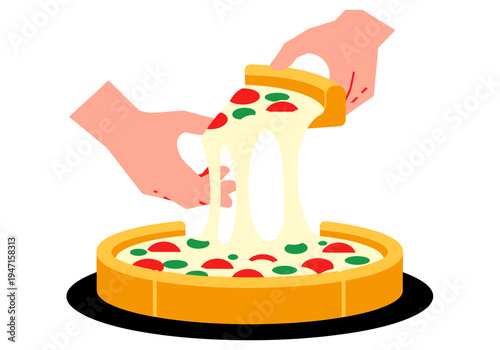 Pizza Delight: A delectable pizza slice is lifted, revealing a perfect stretch of melted cheese, a mouthwatering culinary moment.