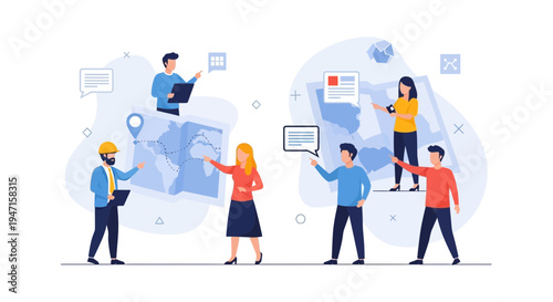 Teamwork and Global Strategy: People Planning on World Map