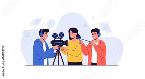 Filmmaking crew operating camera and boom mic, creating video content