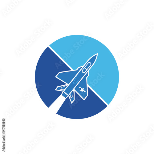 Soaring Skyward: A stylized emblem featuring a sleek jet airplane gracefully ascends against a backdrop of vibrant blue hues, a testament to speed, power, and aviation excellence.