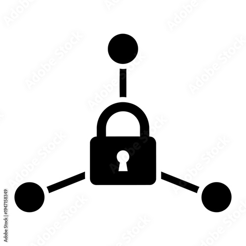 Network security icon featuring a central padlock connected to three digital nodes | Minimalist black vector for protected data connections