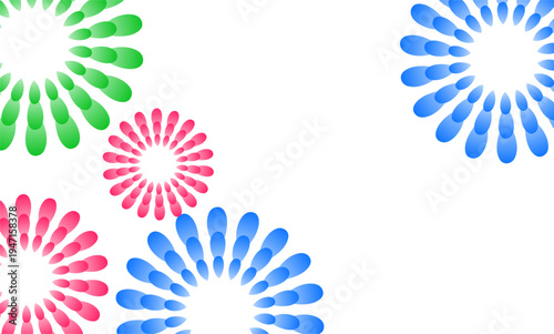 Three radial floral bursts in green, blue and pink form a modern, abstract pattern ion white background