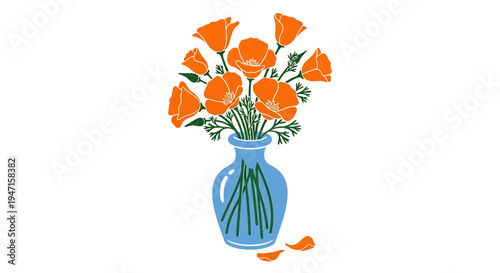 Vibrant Floral Display: A charming illustration showcases a bouquet of bright orange flowers nestled in a blue vase, evoking a sense of freshness and natural beauty.