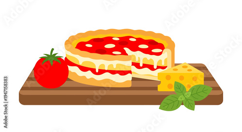 Savory Delight: A mouthwatering, freshly baked tomato pie, artfully presented alongside fresh tomato, cheese, and basil, invites a sensory feast.