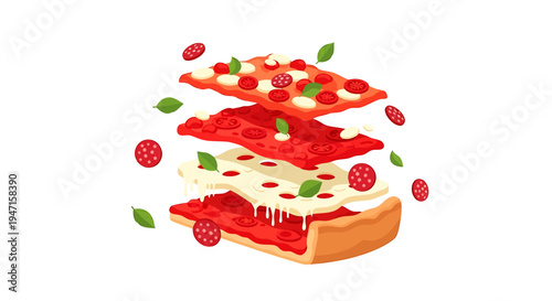 Pizza Deconstruction: A mouthwatering pizza, sliced into layers, displaying the individual components: crust, sauce, cheese, and toppings, inviting viewers to appreciate each element