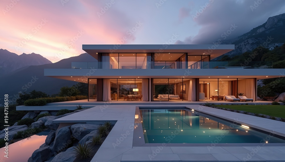 Obraz premium Modern luxury villa with pool and mountain view. Expansive glass walls show interior living spaces. Evening ambiance with warm lighting and sunset sky.