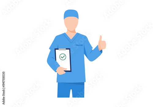 Healthcare professional provides a thumbs-up gesture while holding a clipboard with a green checkmark, embodying medical success, procedural validation, and excellent patient care quality