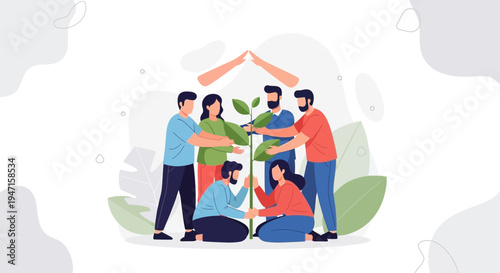 Diverse team nurturing plant, teamwork and growth concept, hands forming shelter