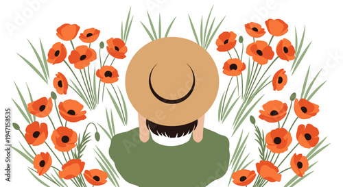 A serene view of a person wearing a straw hat, immersed in a vibrant field of blossoming red poppies and lush green grass, evoking feelings of summer tranquility and natural beauty