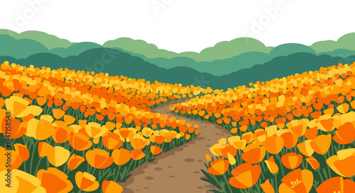 Serene illustration of a path winding through vibrant orange and yellow flower fields, leading to distant rolling hills under a clear sky. Tranquil natural landscape art