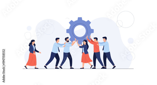 Teamwork and Collaboration: People working together to build a gear, symbolizing success and partnership