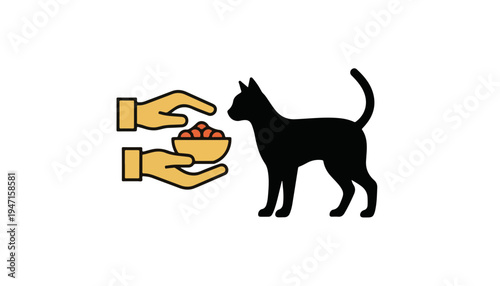 Vector flat hand offering food bowl to stray black cat animal welfare volunteer charity concept World Animal Day