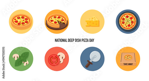 A vibrant collection of pizza-themed graphic icons, featuring deep dish pizzas, fresh ingredients, and essential kitchen tools for celebrating a delicious culinary occasion
