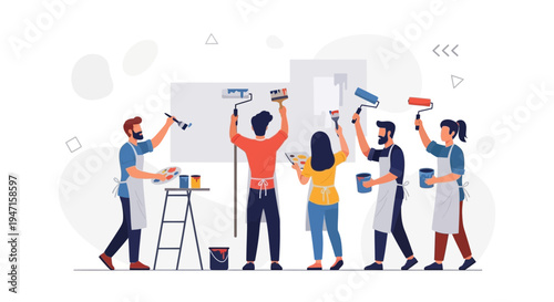Team painting wall together, teamwork, renovation, home improvement, creative hobby