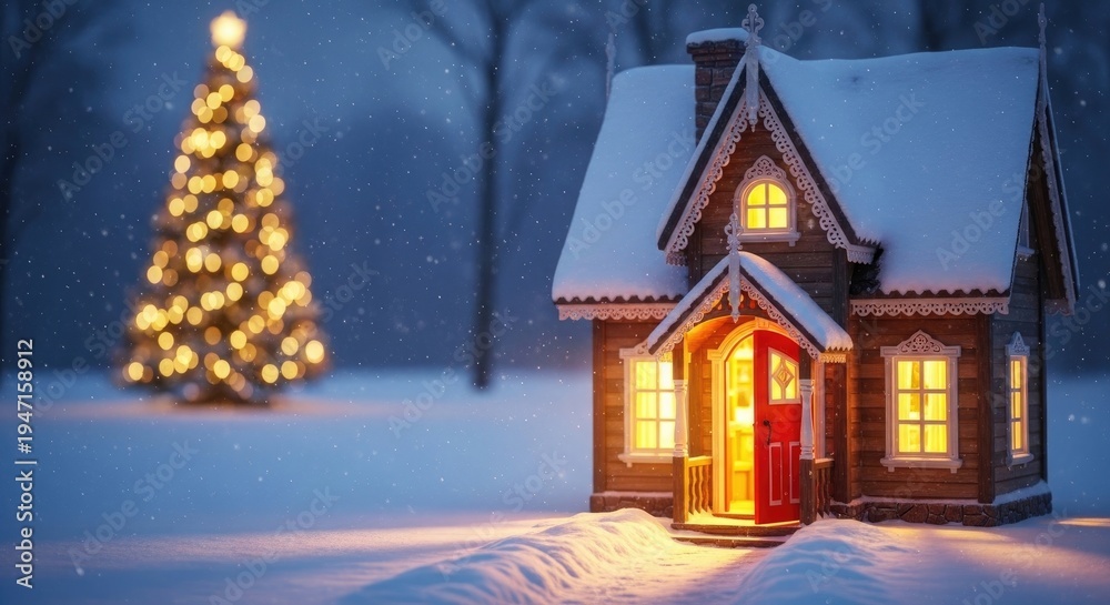 Fototapeta premium Cozy winter wonderland house with snowy roof and christmas tree architecture design concept