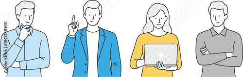 Set of professional business people vector characters in smart casual office attire thinking working on laptop and presenting for modern corporate communication and career development projects.