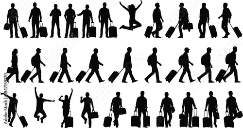 Black vector silhouettes of travelers walking and standing with suitcases and luggage, representing tourism, business travel, and airport holiday vacations.