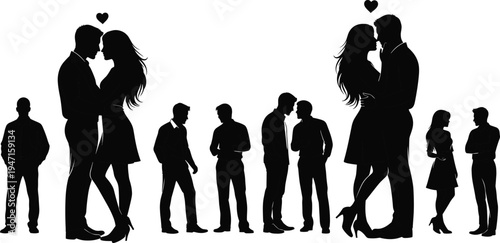 Black vector silhouettes of various romantic couples and individuals standing, featuring hearts and intimate poses representing love, dating, and relationships.