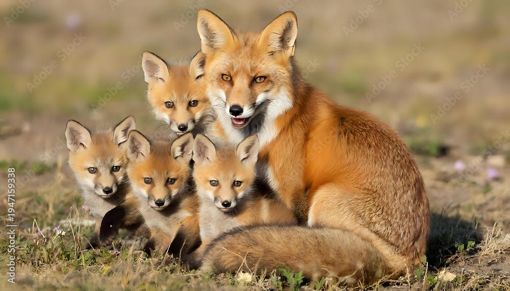 Obraz premium A red fox with her cubs basks in the sun. Expressive emotions.