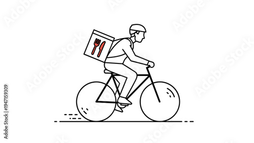 Modern line art illustration of a delivery man riding a bicycle with a thermal backpack to deliver food or packages quickly.