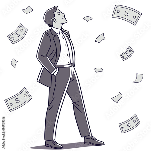 Businessman looking up at falling money dollars suit