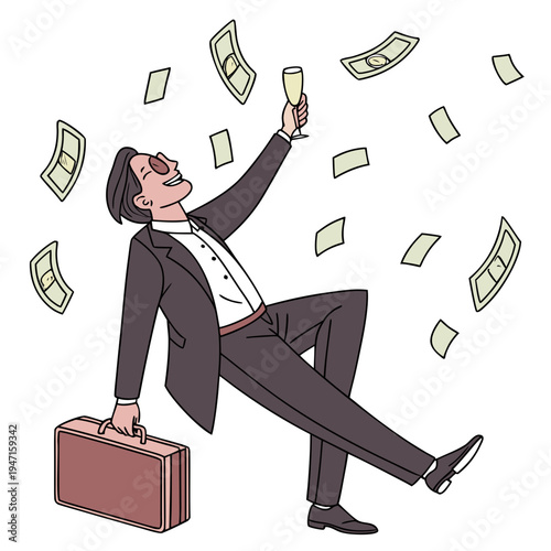 Cartoon man in suit celebrating with champagne and money 3