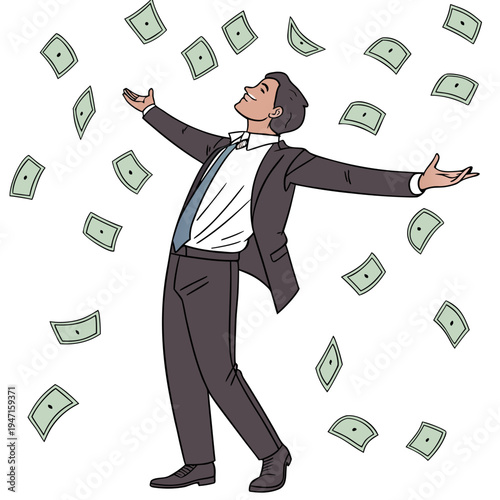 Cartoon man in suit with arms outstretched surrounded by falling money