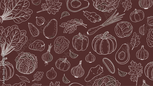 Detailed botanical pattern featuring various hand drawn vegetables like spinach, pumpkin, and avocado in white on a rich brown background.