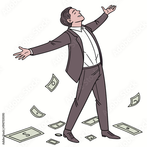 Confident businessman throwing money suit dollars
