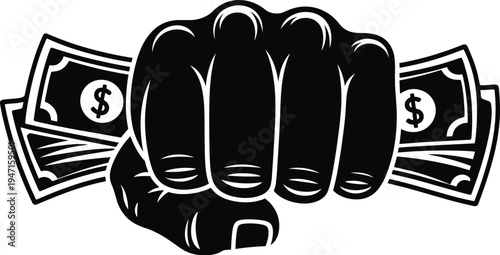 Fist holding a fan of US dollar banknotes in black silhouette Keywords: fist, hand, money, cash, dollar, banknotes, currency