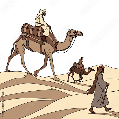 Desert caravan with camel riders and walker sand dunes