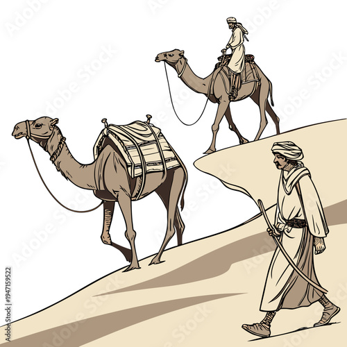 Desert caravan with camels and men in traditional clothing walking on sand dune