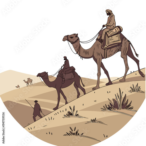 Desert caravan with two camels and riders sandy dunes