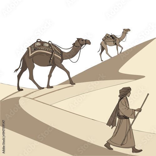 Desert man leading two camels through sand dunes