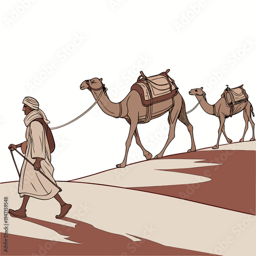Desert man leading two brown camels with saddles sand