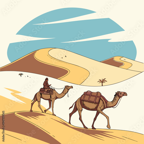 Desert scene with two camels and a rider on a sandy dune
