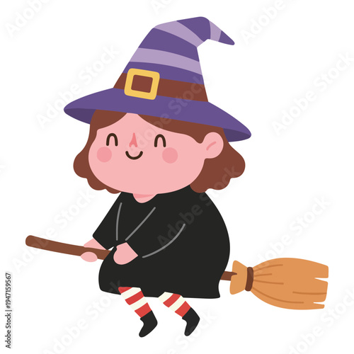 Cute cartoon witch with a purple striped hat flying on a broomstick, smiling happily, in a simple illustration style.