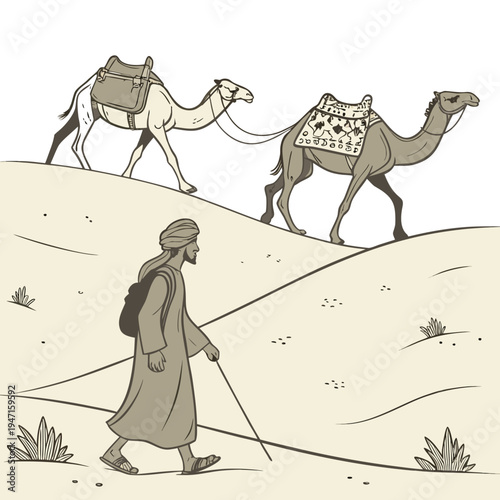 Desert traveler with camels walking on sand dune