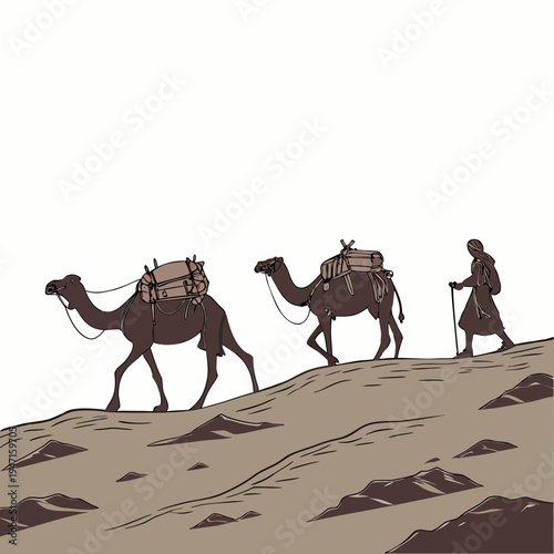 Desert caravan with two loaded camels and a walking guide