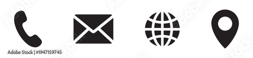 Essential black contact icons set for business branding and web interface design featuring phone, mail, globe and map pointer on a transparent background