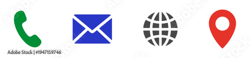 Colorful business contact icons set including green phone blue mail grey globe and red map marker on a transparent background