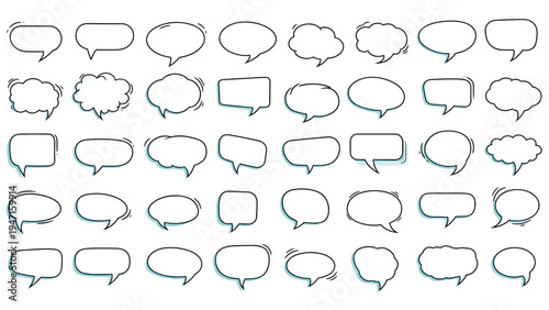 Massive collection of hand drawn speech bubbles in various shapes with black outlines and subtle blue shadow details on white.