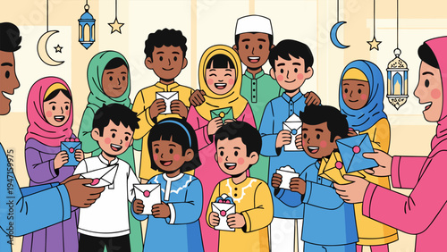 A diverse group of children celebrating Eid al Fitr, exchanging gifts and spreading joy