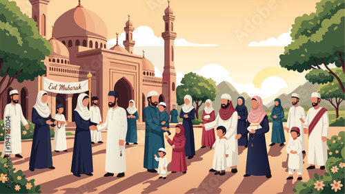 Eid al Fitr celebration with families and friends greeting each other outside a mosque with festive decorations