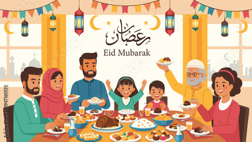 Happy Eid al Fitr! A joyous family gathering celebrating the festival of breaking the fast with a delicious meal