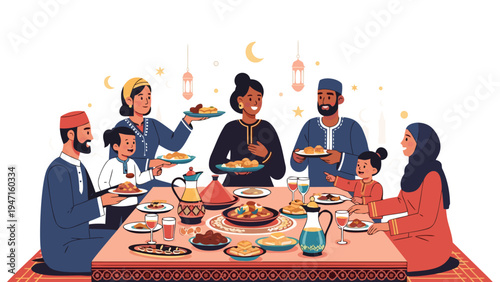 A joyous family gathering celebrating Eid al Fitr with a traditional feast and warm camaraderie