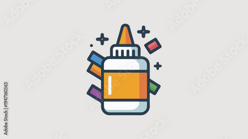 Glue bottle with colorful school supplies stationery and plus signs on a gray background symbolizing creativity and education
